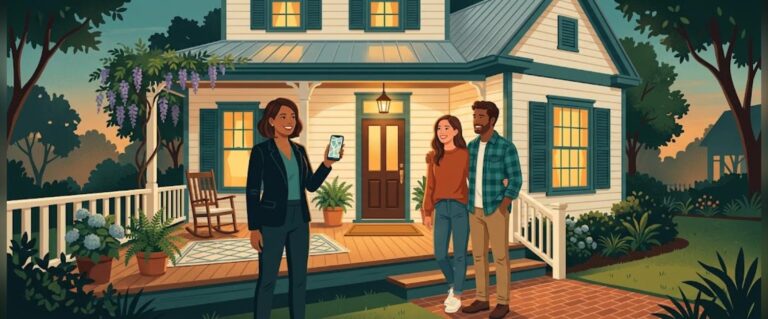 Mortgage prequalification for real estate agents, agent showing a home at dusk with phone in hand