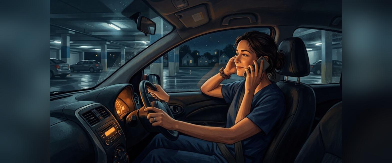 Night shift nurse using mortgage prequalification for shift workers hotline from her car
