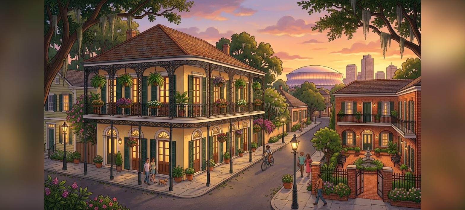 New Orleans DSCR 5-10 unit loans illustration of a historic small apartment building at sunset