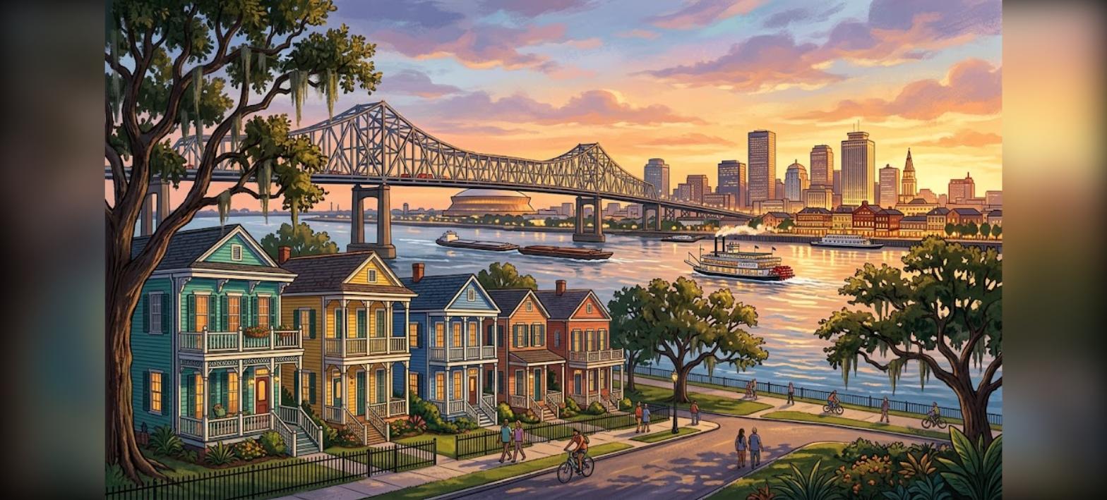 New Orleans DSCR loan for investors: illustration of rental homes near the Mississippi River skyline