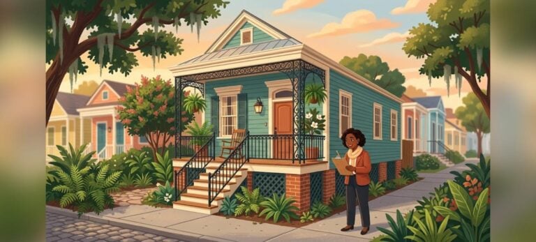 New Orleans FHA appraisal illustration of a raised historic home with an inspector reviewing the property