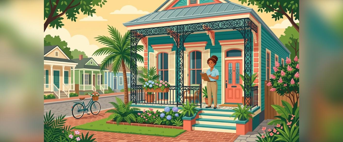 New Orleans FHA appraisal illustration of a historic shotgun house with an inspector on the porch