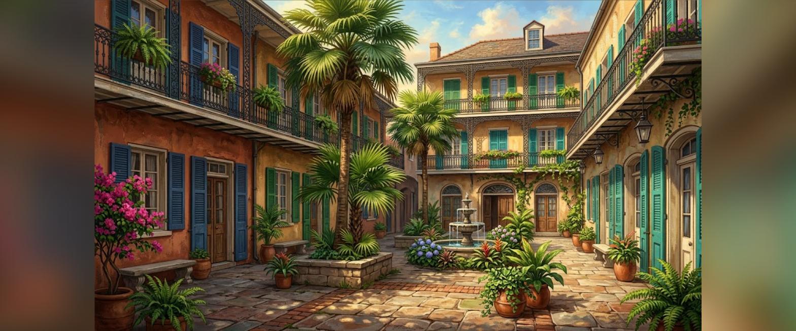 New Orleans FHA disaster loan illustration of a French Quarter courtyard