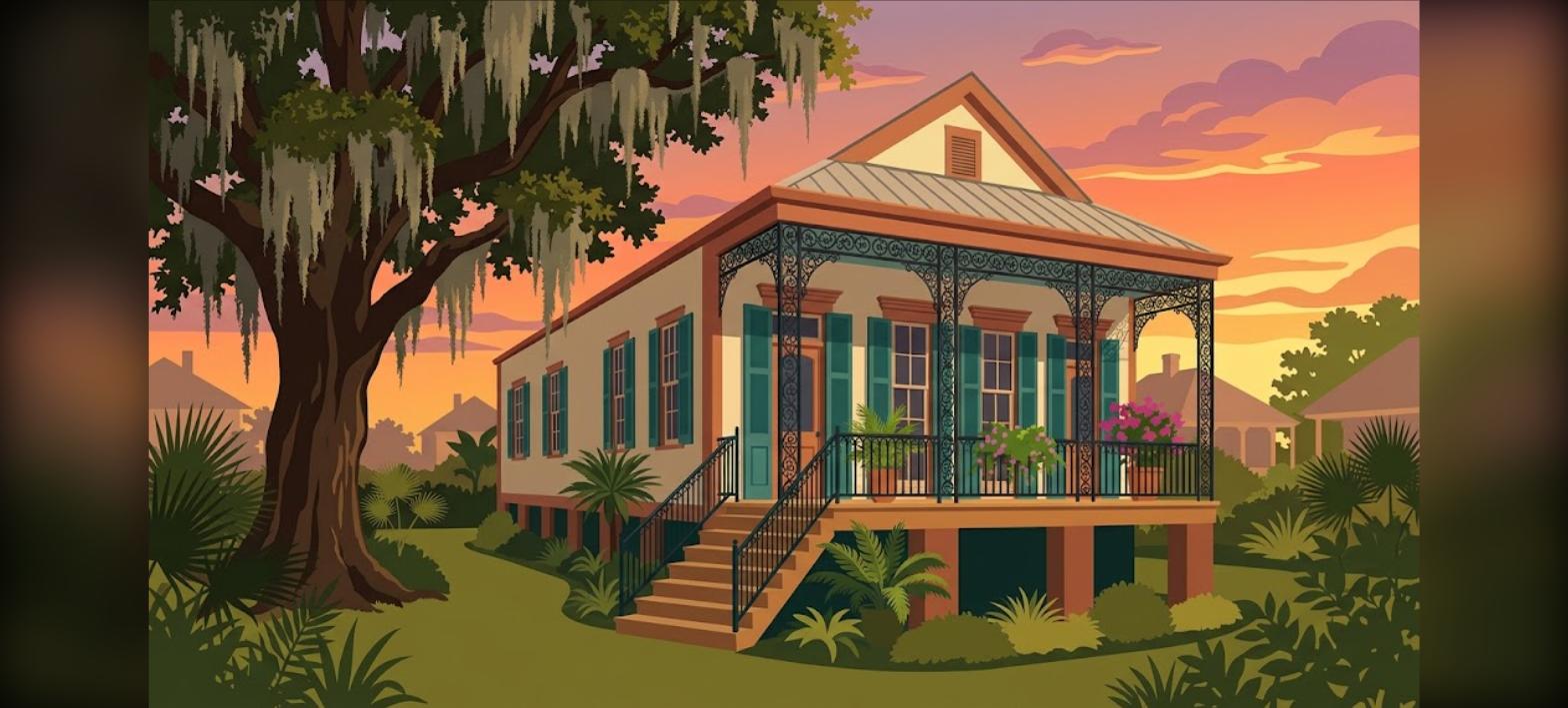 New Orleans FHA repairs illustration of a raised Louisiana cottage with a contractor checking the roof
