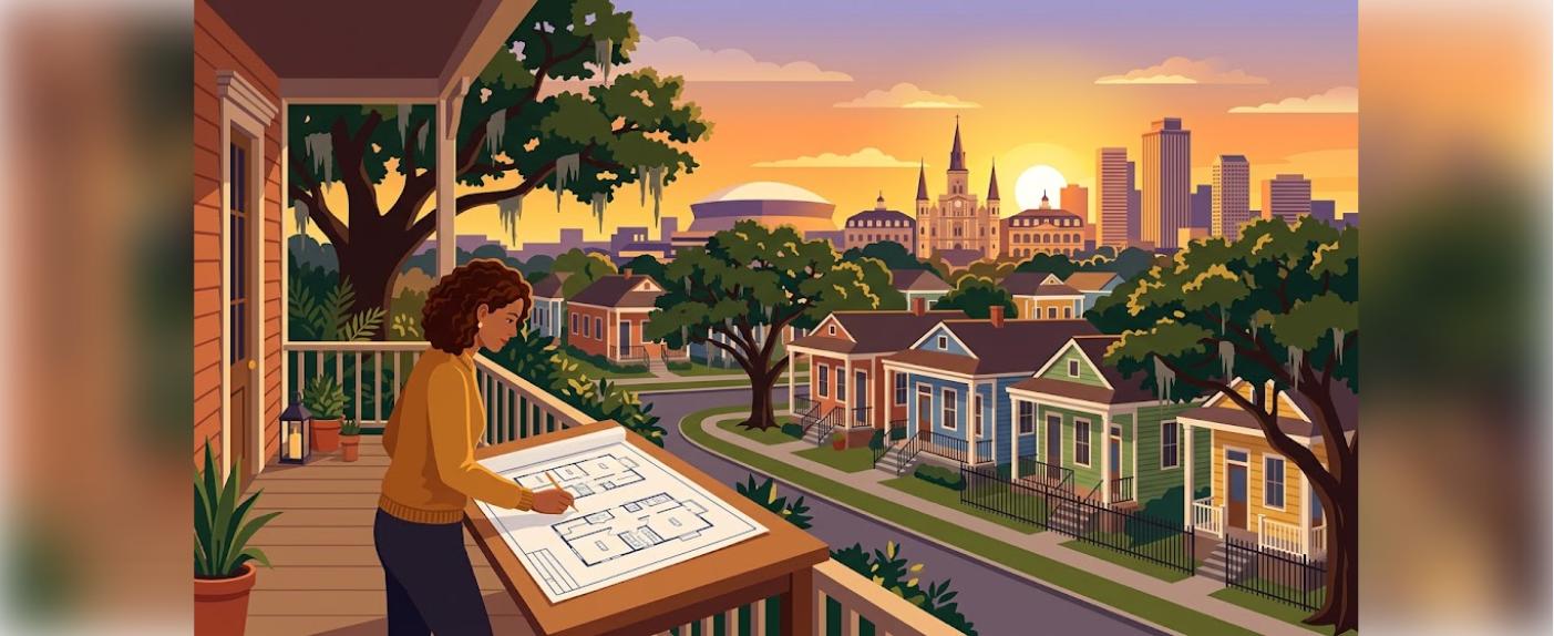 New Orleans investment property DSCR loans illustration of an investor reviewing a rental property blueprint with the New Orleans skyline at sunset