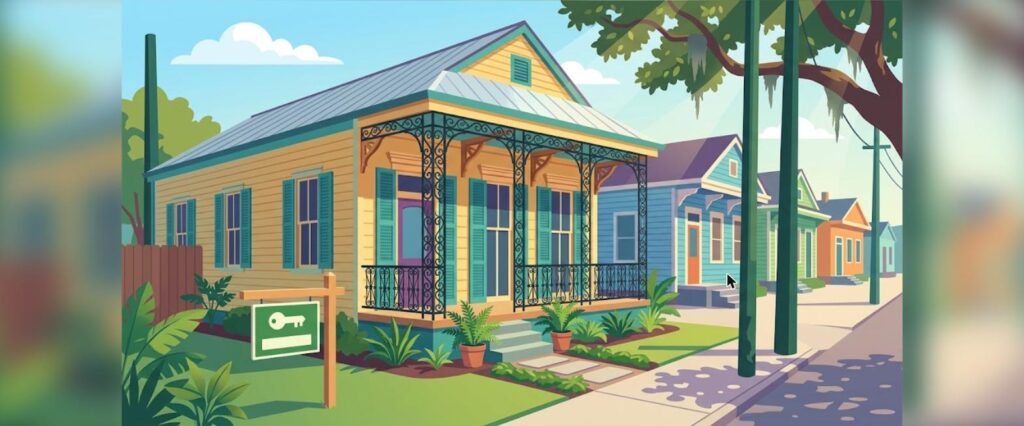 New Orleans LA DSCR loans illustration of a shotgun-style rental house with wrought-iron balcony details