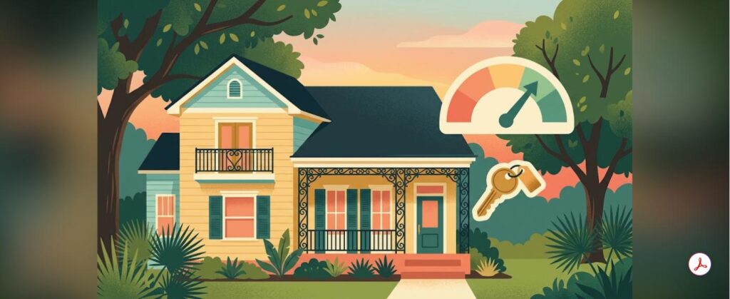 New Orleans USDA home loan credit score illustration of a New Orleans style house with wrought-iron balcony, a credit score gauge, and a house key