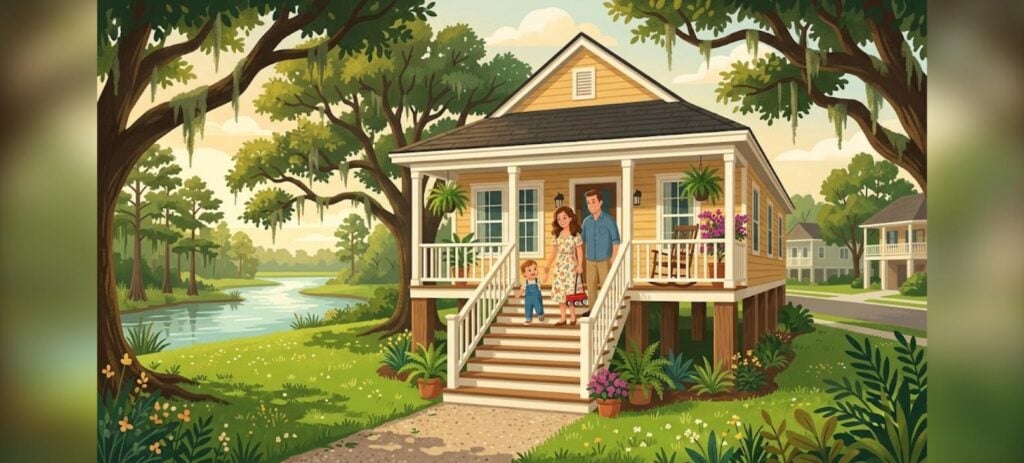 New Orleans USDA flood zone illustration of a raised family home on piers near a bayou