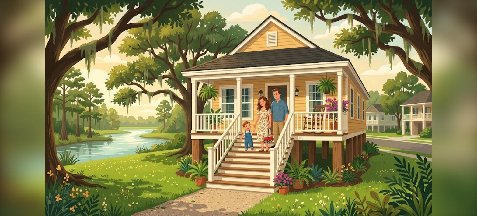 New Orleans USDA flood zone illustration of a raised family home on piers near a bayou