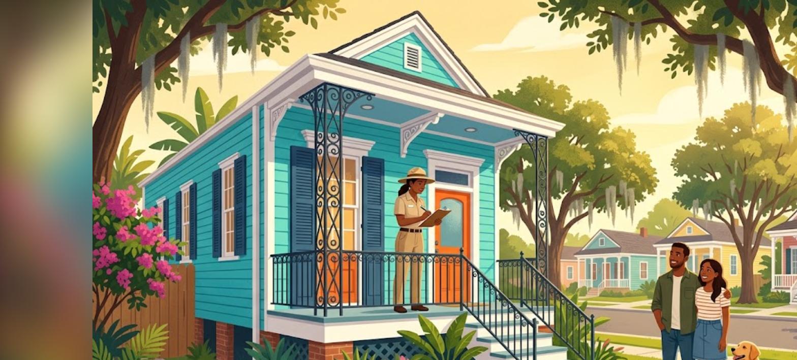 New Orleans VA appraisal illustration of an appraiser inspecting a raised shotgun house as a veteran couple looks on
