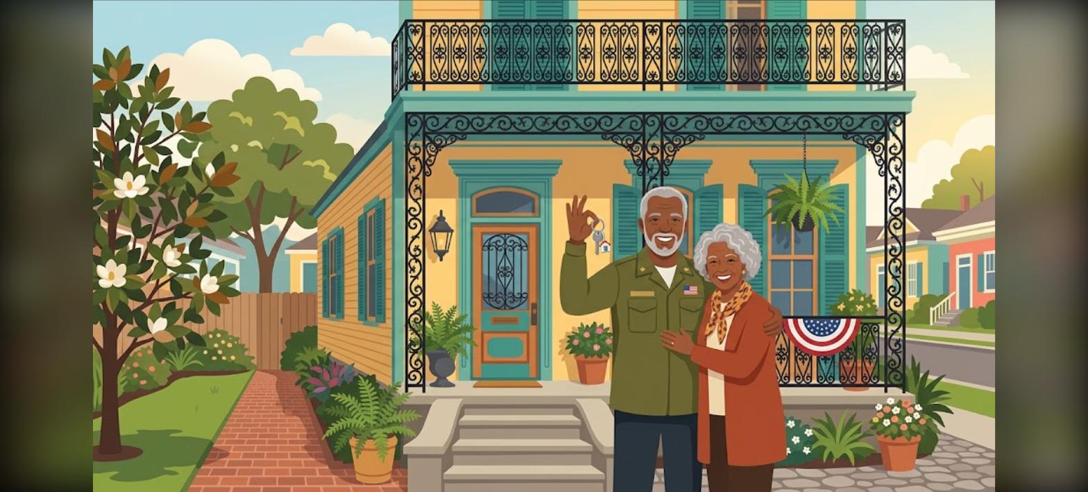New Orleans VA closing costs illustration of a veteran couple receiving the keys to a New Orleans shotgun-style home