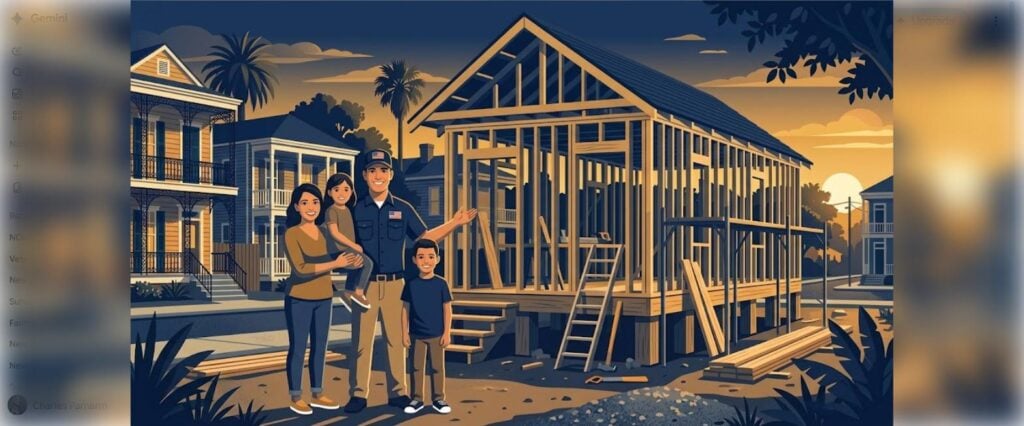 New Orleans VA one-time close construction loan timeline illustration of a veteran family building a new home