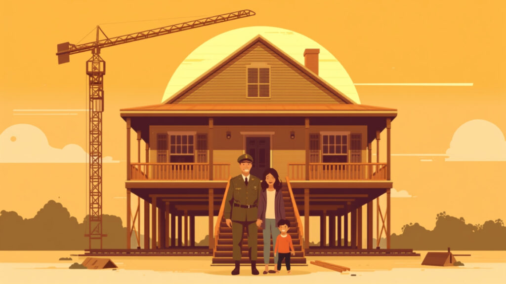 New Orleans VA OTC construction loan costs - veteran family in front of a New Orleans home under construction on pilings
