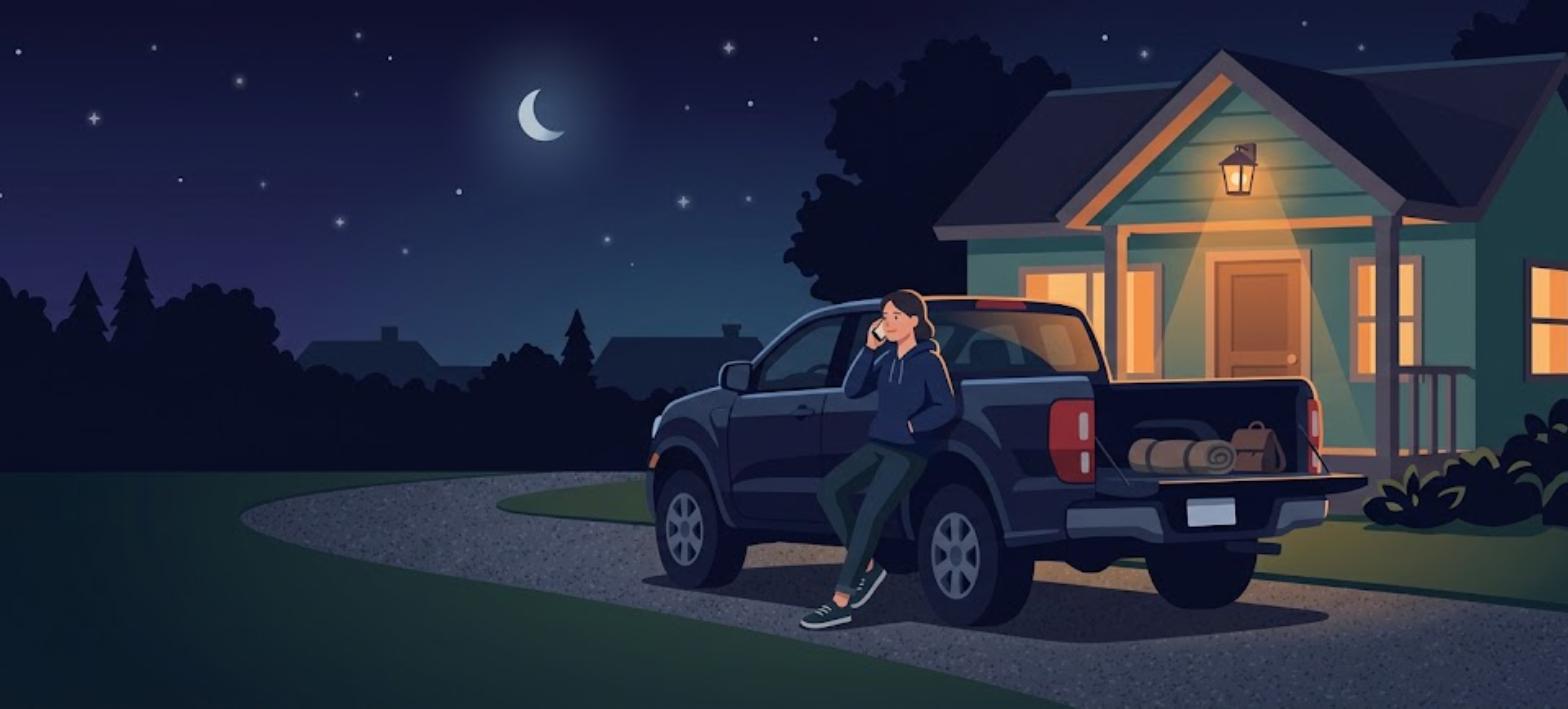 VA loan prequalification by phone at night, a caller on a driveway using the Max Mortgage 24/7 hotline