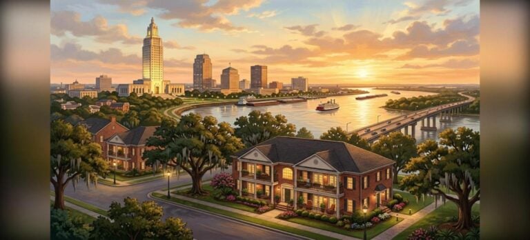 Baton Rouge DSCR apartment building loans header illustration of the Baton Rouge skyline and a brick apartment building