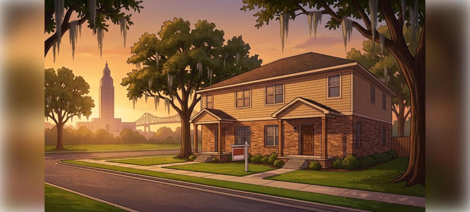 Baton Rouge DSCR duplex loans: brick duplex rental with the Louisiana State Capitol skyline at sunset