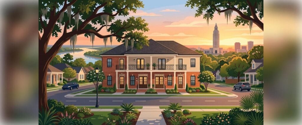 Baton Rouge DSCR fourplex financing illustration of a brick fourplex rental near the Louisiana State Capitol