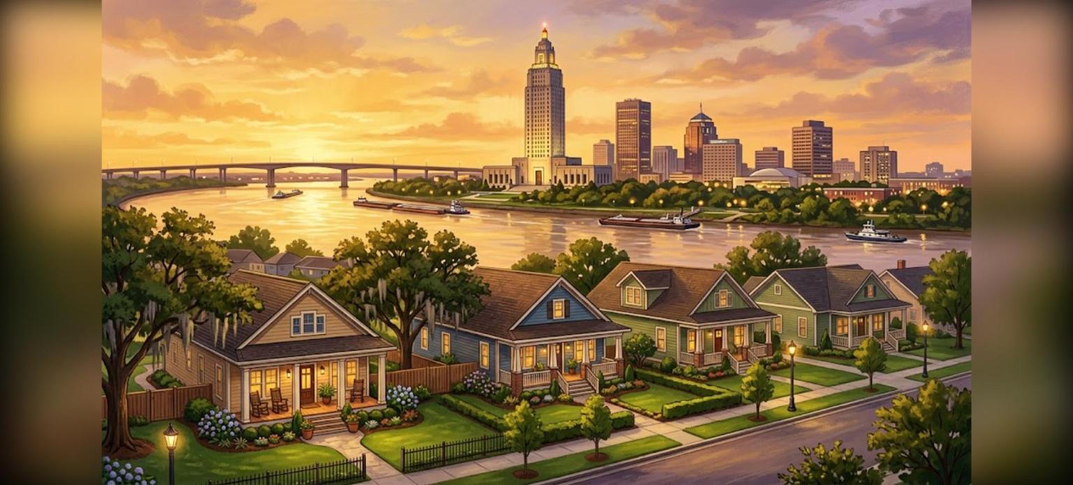 Baton Rouge DSCR loan qualification illustration of the Capitol skyline and single-family rental homes