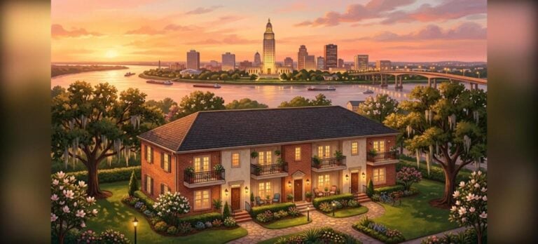 Baton Rouge DSCR multifamily loans for 5-10 unit apartment investors at sunset near the Louisiana State Capitol