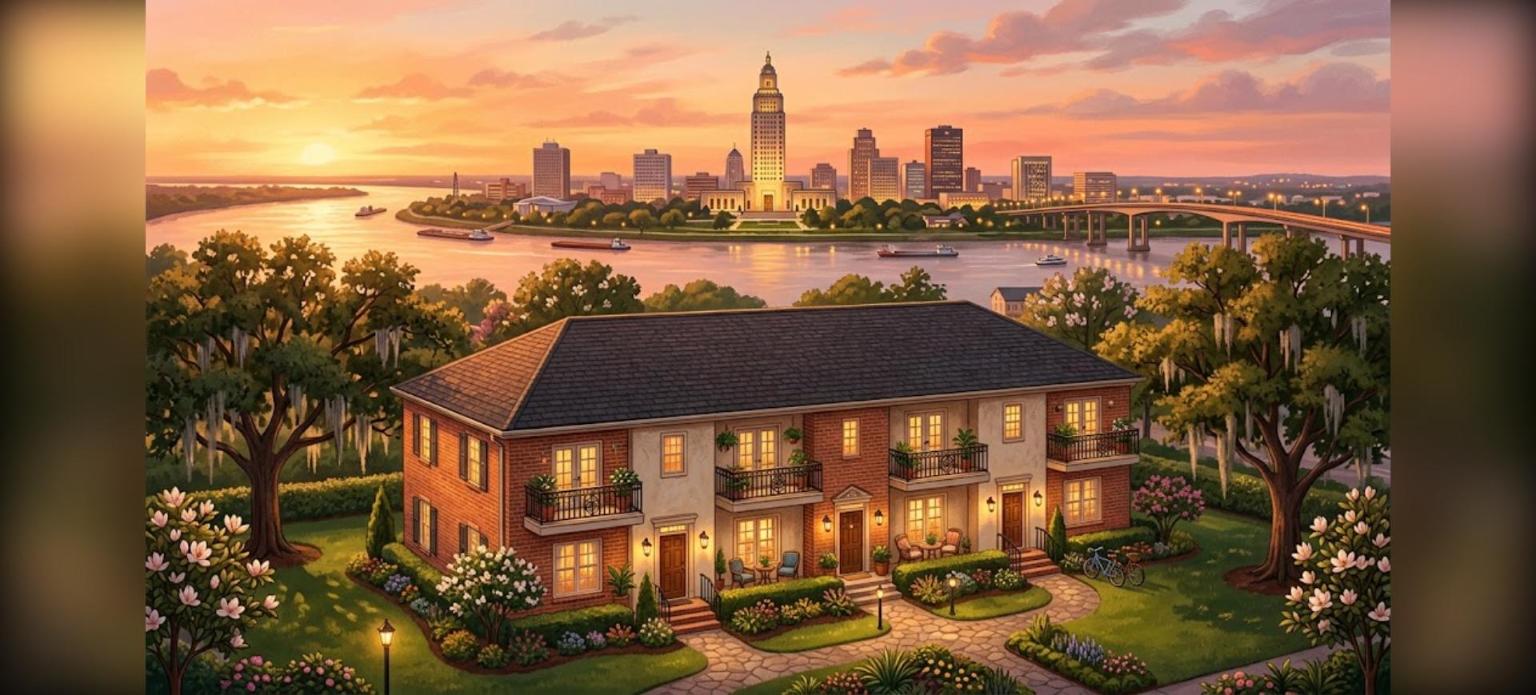 Baton Rouge DSCR multifamily loans for 5-10 unit apartment investors at sunset near the Louisiana State Capitol