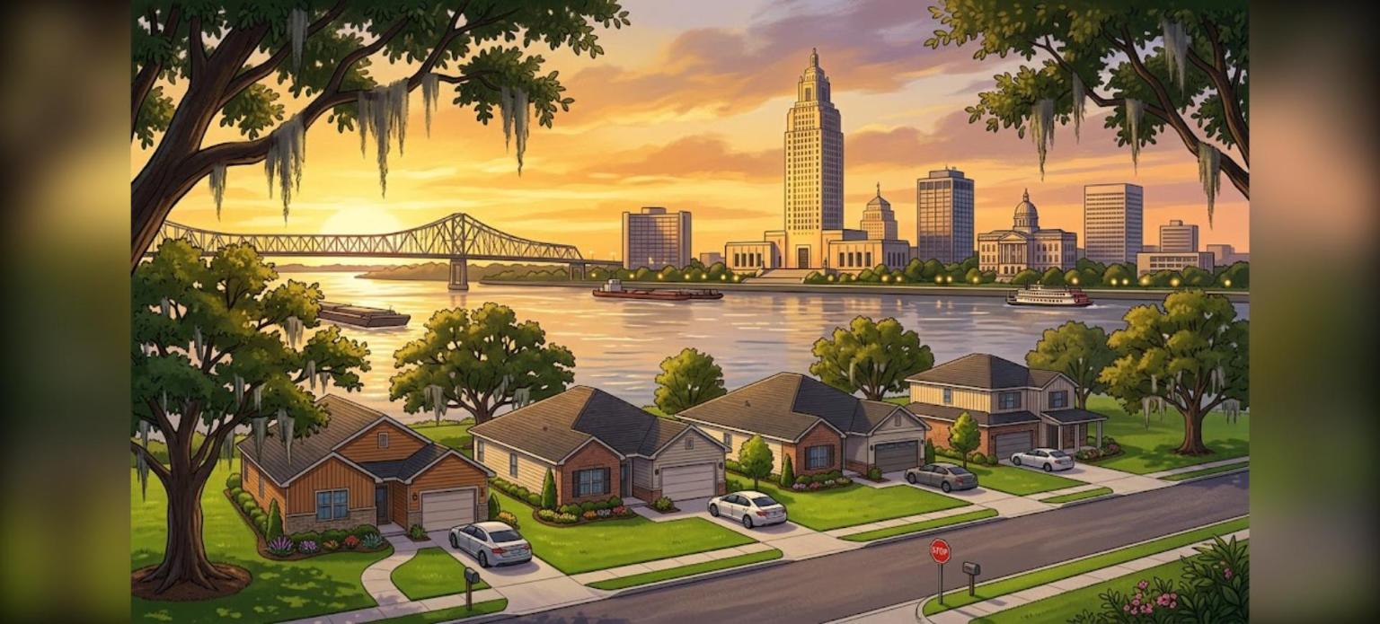 Baton Rouge DSCR rental loans for investors: skyline and single-family rental homes along the Mississippi River