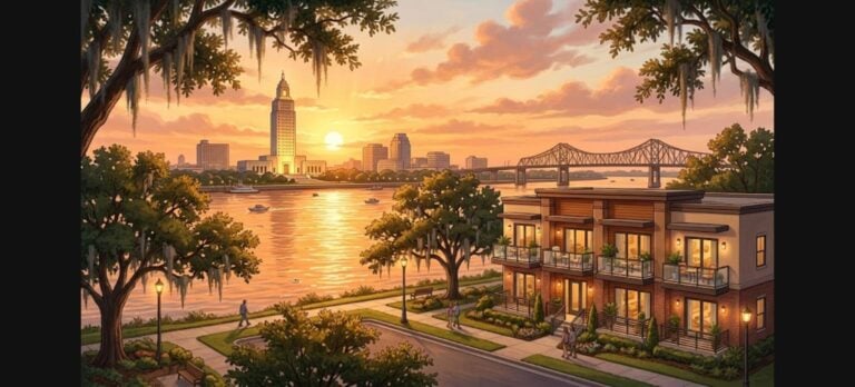Baton Rouge DSCR small apartment loans for investors, eight unit apartment building near the Mississippi River and state capitol at sunset
