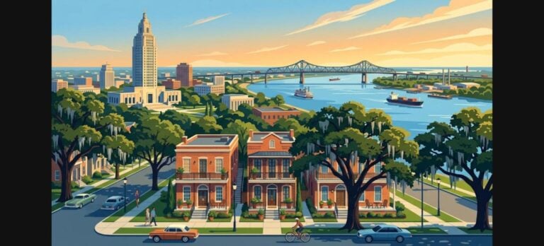 Baton Rouge DSCR triplex loans illustration with brick rental triplexes, the State Capitol and the Mississippi River
