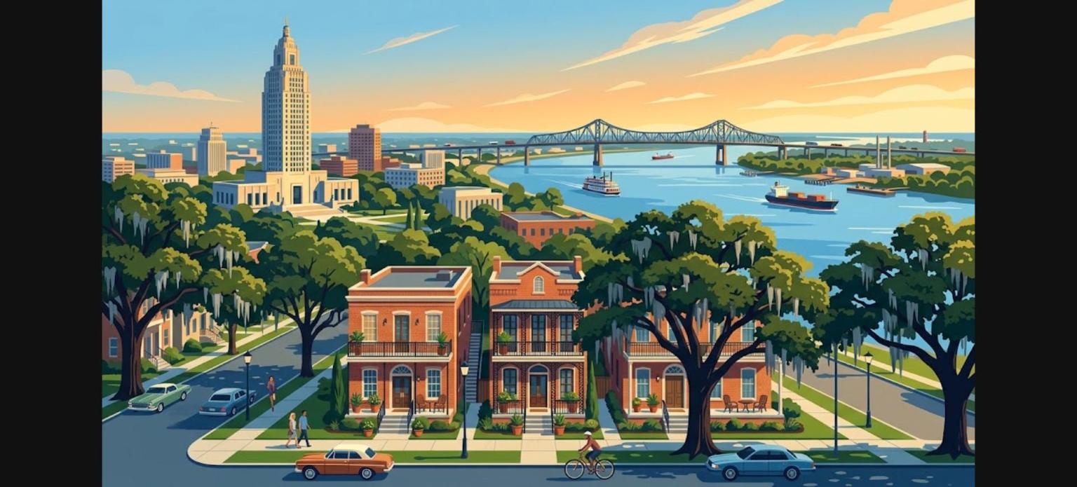 Baton Rouge DSCR triplex loans illustration with brick rental triplexes, the State Capitol and the Mississippi River