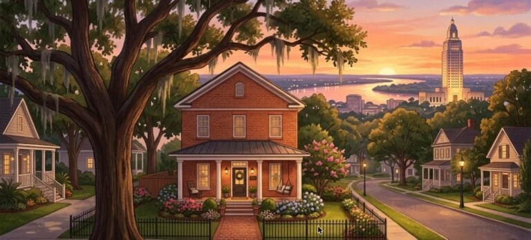Baton Rouge FHA loan limits illustration of a brick home under a live oak with the Louisiana State Capitol at sunset