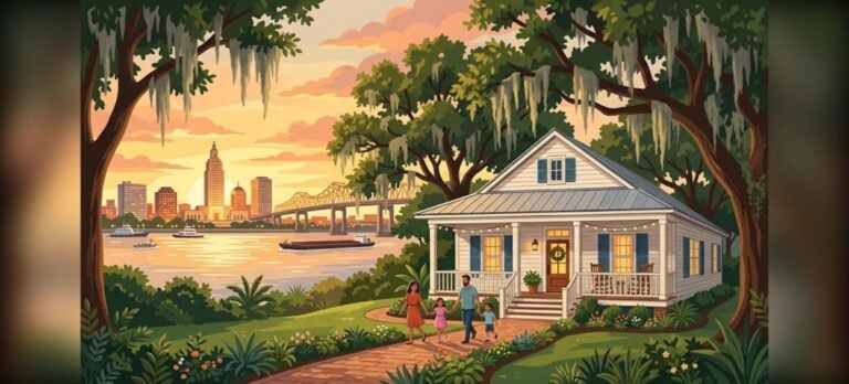 Baton Rouge FHA home loans illustration of a family walking to a cozy porch home near the Mississippi River at sunset