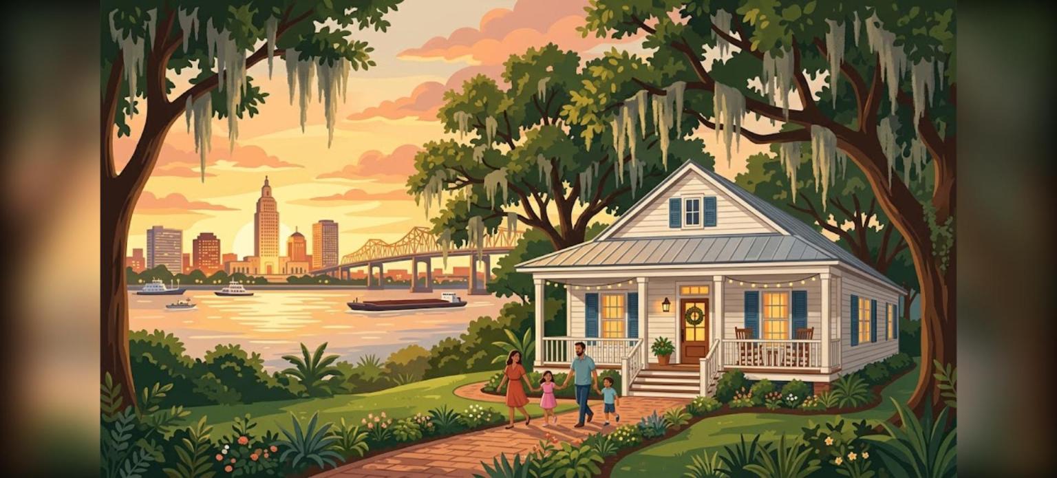 Baton Rouge FHA home loans illustration of a family walking to a cozy porch home near the Mississippi River at sunset