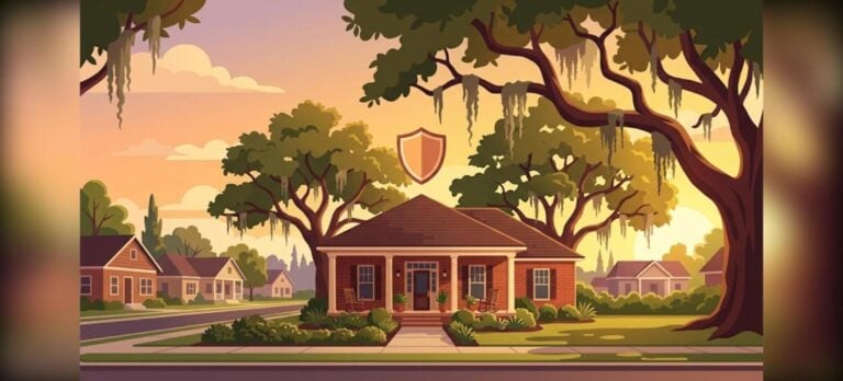 Baton Rouge FHA home loans illustration of a brick home with a protective shield under live oak trees