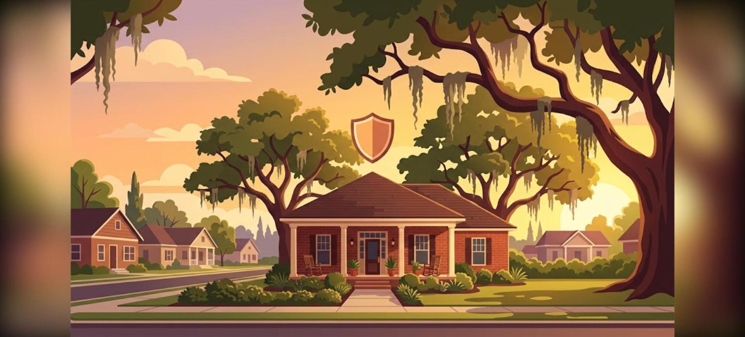 Baton Rouge FHA home loans illustration of a brick home with a protective shield under live oak trees
