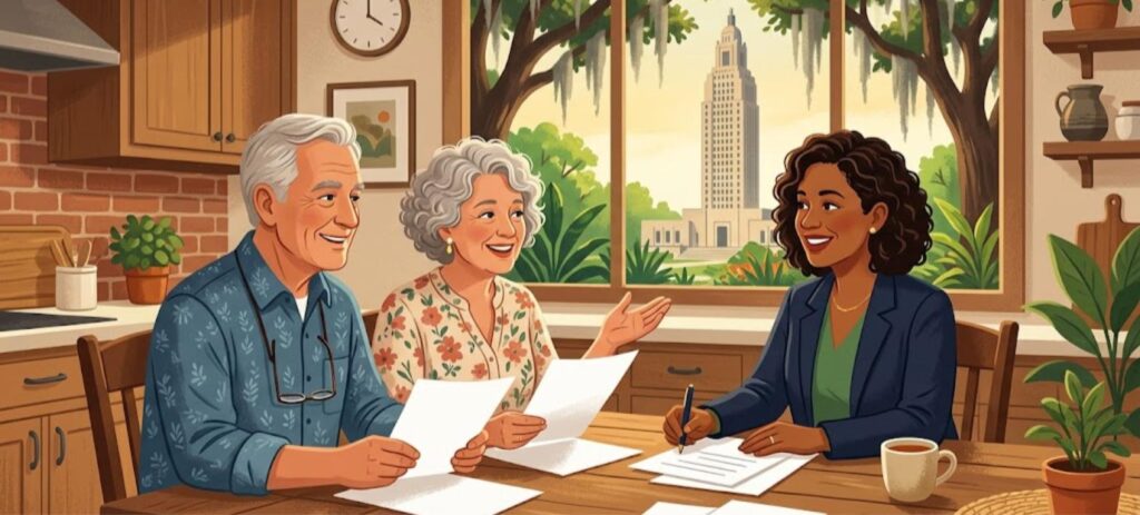 Baton Rouge reverse mortgage counseling session with a retired couple at their kitchen table