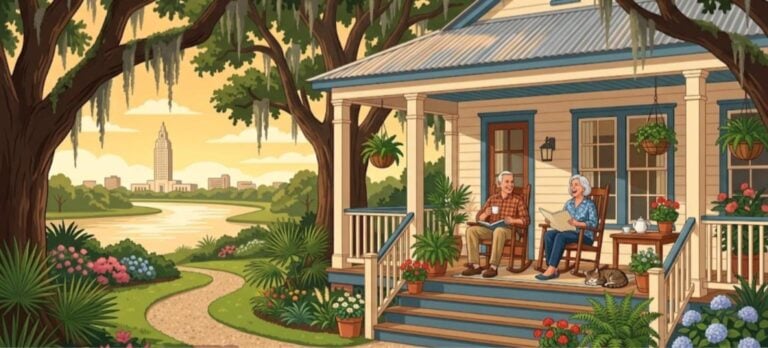 Baton Rouge LA reverse mortgage loans: retired couple relaxing on their porch under live oaks