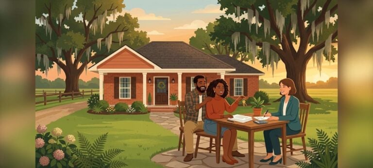 Baton Rouge USDA closing costs illustration of first-time homebuyers receiving keys at a rural Louisiana brick home