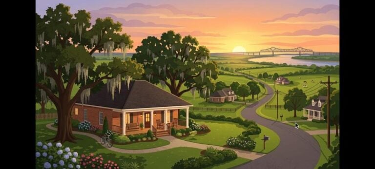 Baton Rouge USDA home loans illustration of a brick home with oak trees at sunset