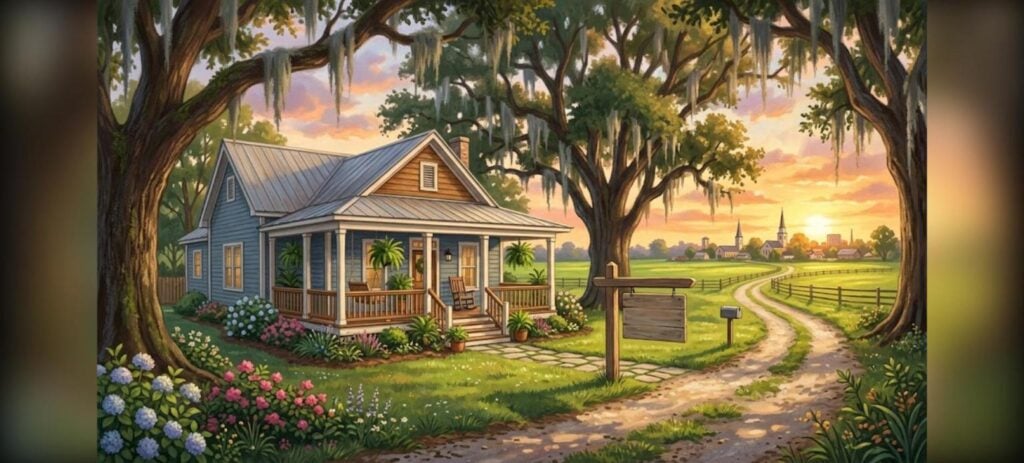 Baton Rouge USDA home loans illustration of a Louisiana cottage under live oaks at sunset
