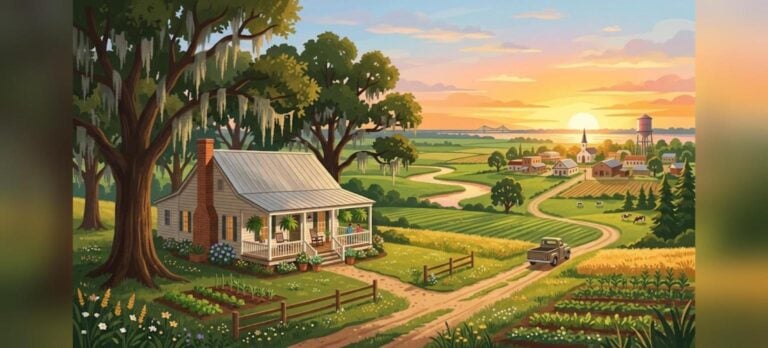Baton Rouge USDA home loans illustration of a Louisiana country home with a porch under live oaks at sunset