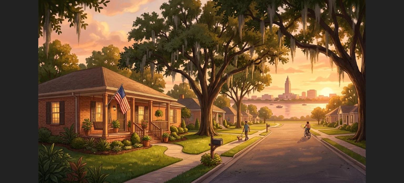Baton Rouge VA home loans illustration of a brick home with an American flag under live oaks at golden hour