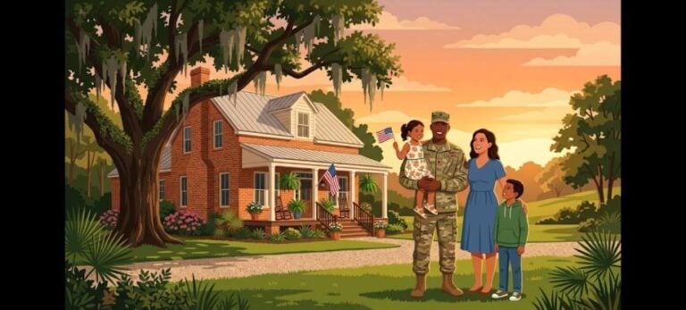 Baton Rouge VA home loans illustration of a veteran family in front of a brick home under a live oak tree