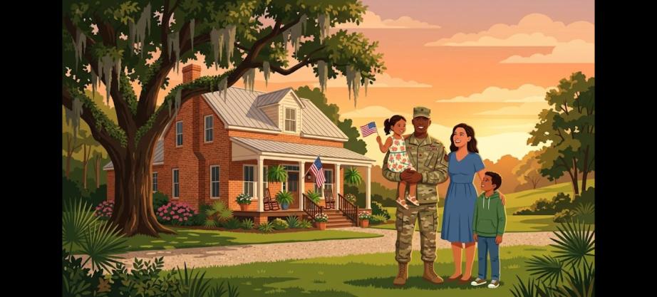 Baton Rouge VA home loans illustration of a veteran family in front of a brick home under a live oak tree