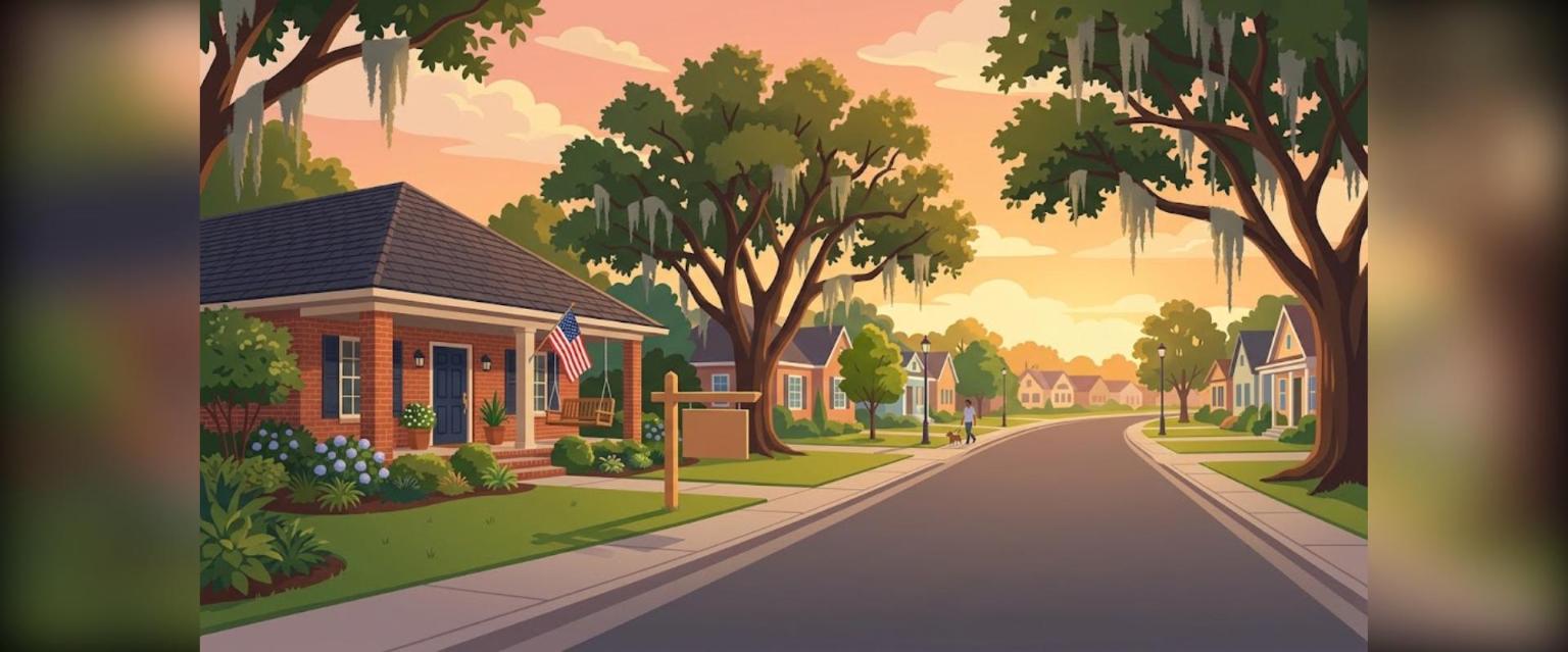 Baton Rouge VA home loans illustration of a brick home with an American flag on a live oak lined street at sunset