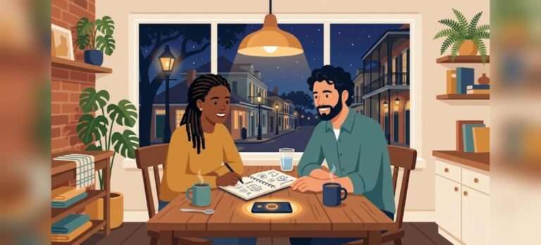 Co-borrower mortgage prequalification call at a kitchen table at night in New Orleans