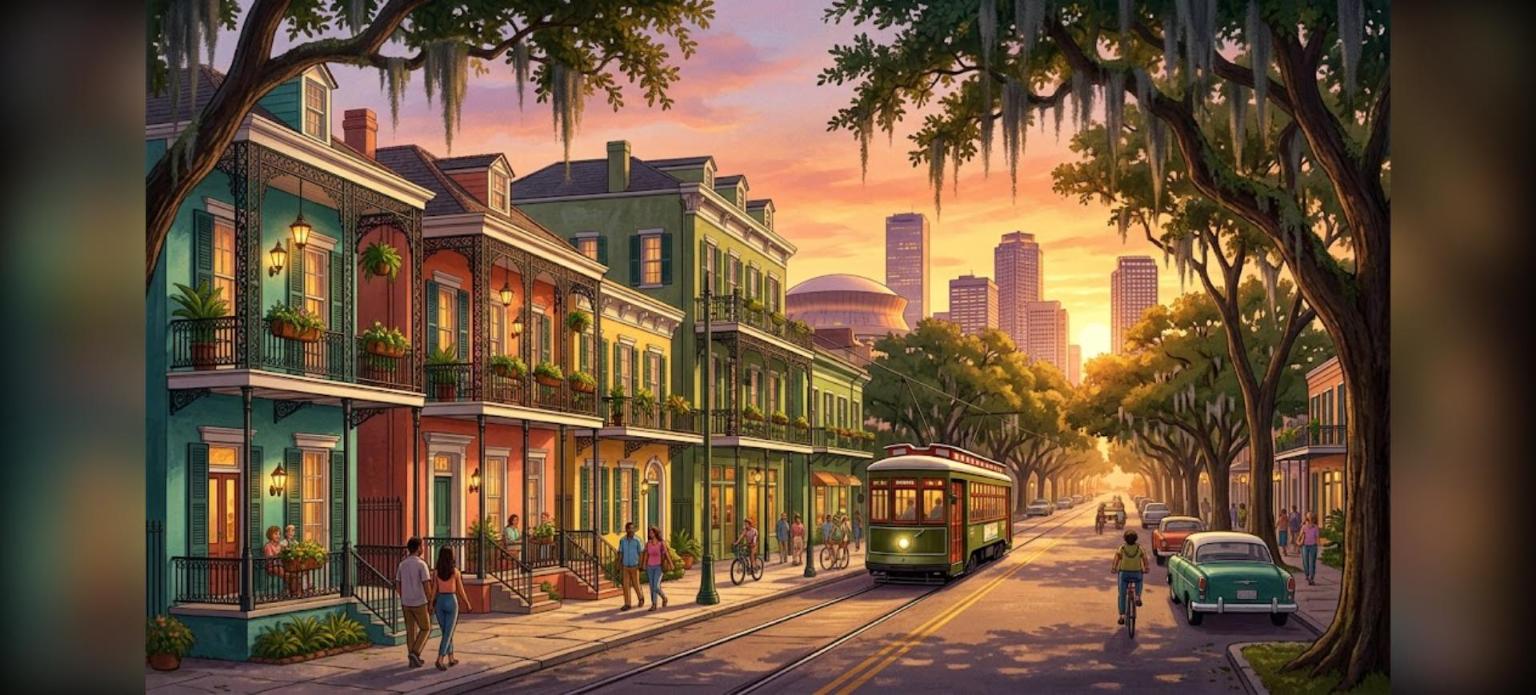 New Orleans DSCR fourplex loans for investors: Creole duplexes and a streetcar at sunset