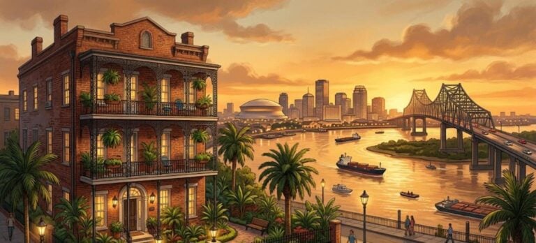 New Orleans DSCR eight-unit loans: brick apartment building near the Mississippi River at sunset