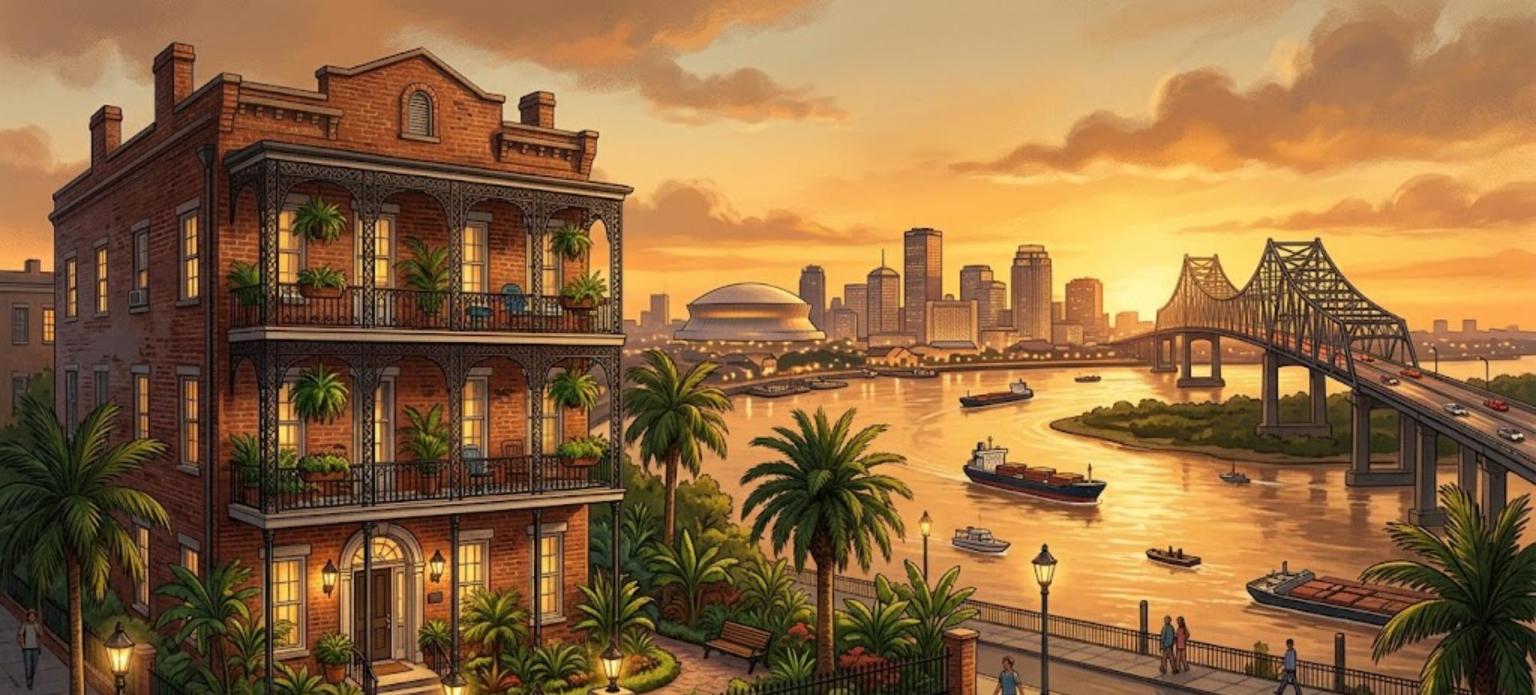 New Orleans DSCR eight-unit loans: brick apartment building near the Mississippi River at sunset