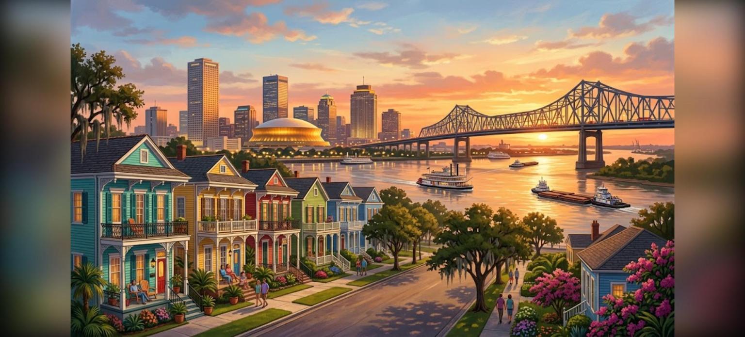 New Orleans DSCR loans for investors: illustration of New Orleans rental homes and the Crescent City skyline at sunset