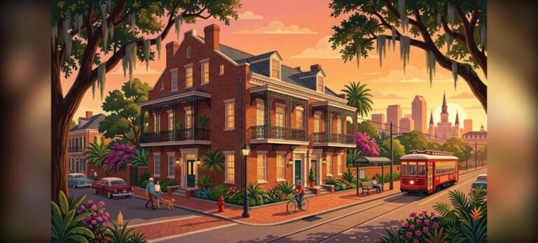 New Orleans DSCR apartment loans for a brick 5-10 unit rental building with iron balconies and a streetcar