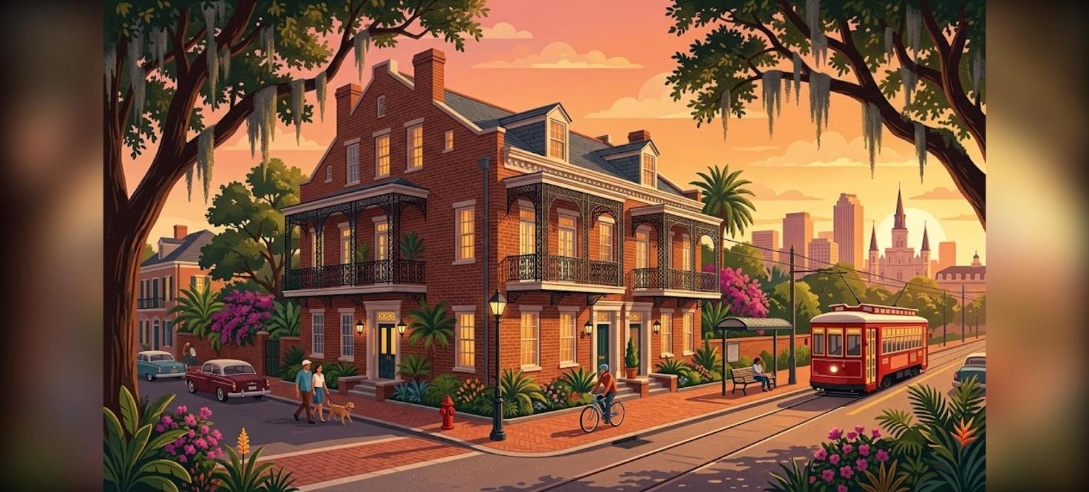 New Orleans DSCR apartment loans for a brick 5-10 unit rental building with iron balconies and a streetcar